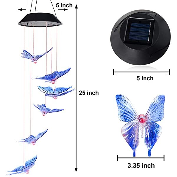 Dimensions for AZIMOM Solar Powered Butterfly Wind Chimes Butterfly Solar Wind Chimes Hanging Solar Wind Chimes