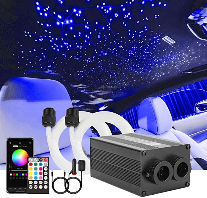 SANLI LED 12W Dual Head LED Star Headliner Kit, Twinkle RGBW LED Star Headliner Kit with Fiber Optic Strands