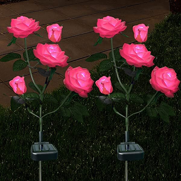 AZIMOM Pink 2-Pack Solar Rose Lights Solar Powered Roses Solar Rose Flower Garden Lights for Yard Patio Pathway Lighting