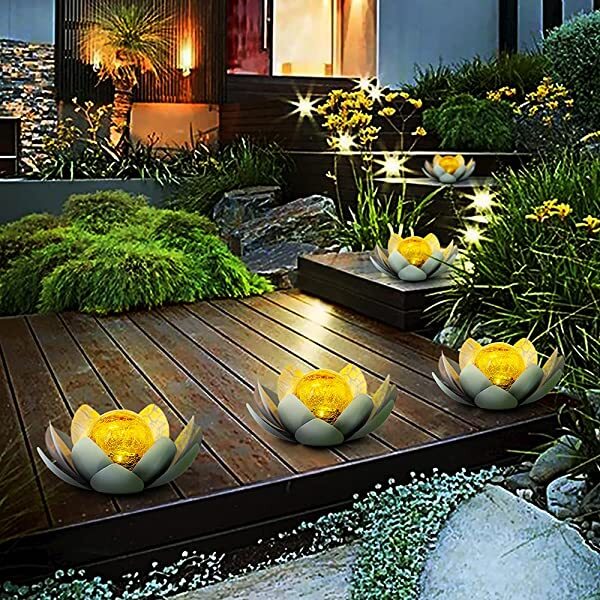 AZIMOM Orange Lotus Solar Light Solar Powered Lotus Flower for Tabletop, Ground, Patio, Lawn, Courtyard Decoration