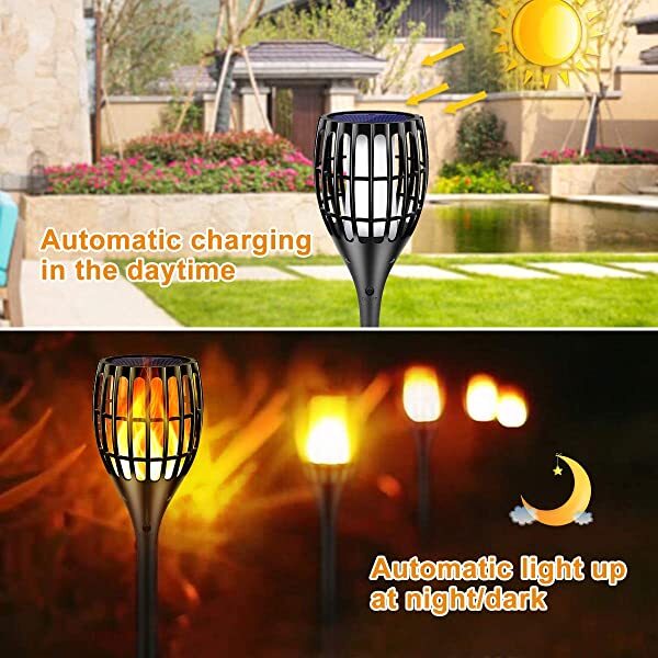 AZIMOM Solar Tiki Torches Solar Flame Lights Waterproof Landscape Lighting Auto On/Off from Dusk to Dawn Security Torch Light for Yard Patio Pathway Auto Working