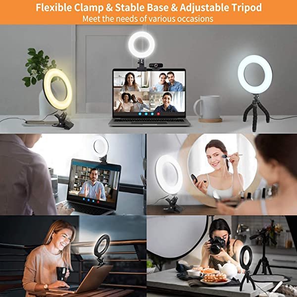 AZIMOM 6 inch Small Ring Light with Tripod & Clamp for Desk, Laptop, Computer, Webcam & Makeup