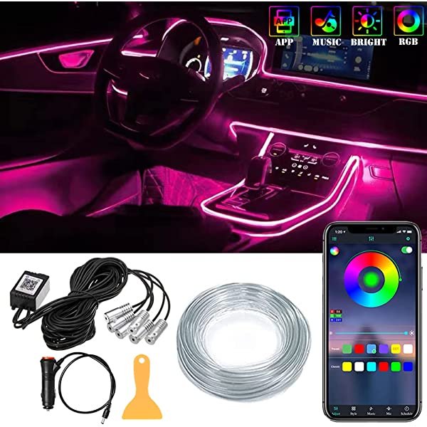 SANLI LED 6 in 1 RGB Fiber Optic Ambient Lighting Car Kit with Wireless Bluetooth APP Control & Sound Active for Car SUV Truck&