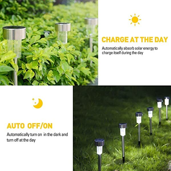 AZIMOM Landscape Pathway Lighting Solar Powered Outdoor Pathway Lights Cool White Waterproof Stainless Steel 12-Pack for Garden Yard & Lawn