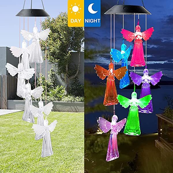 AZIMOM Solar Angel Wind Chimes Solar Powered Angel Wind Chimes Outdoor Patio Lawn Gardening Gifts Festival Decor for Women in Night & Day