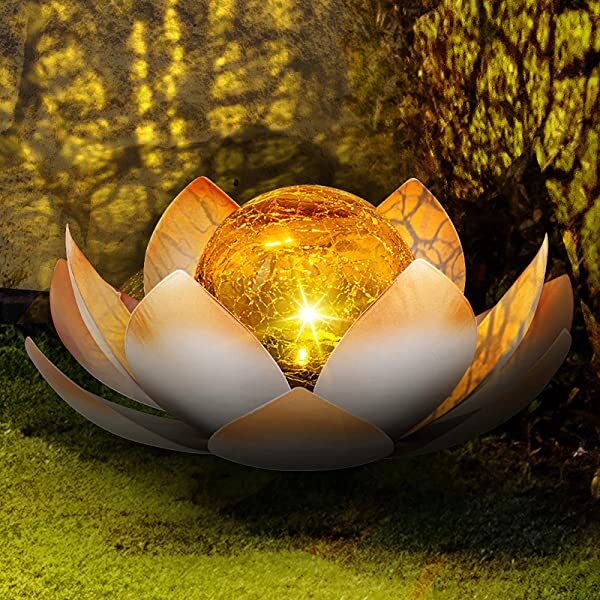 AZIMOM Orange Lotus Solar Light Solar Powered Lotus Flower for Tabletop, Ground, Patio, Lawn, Courtyard Decoration