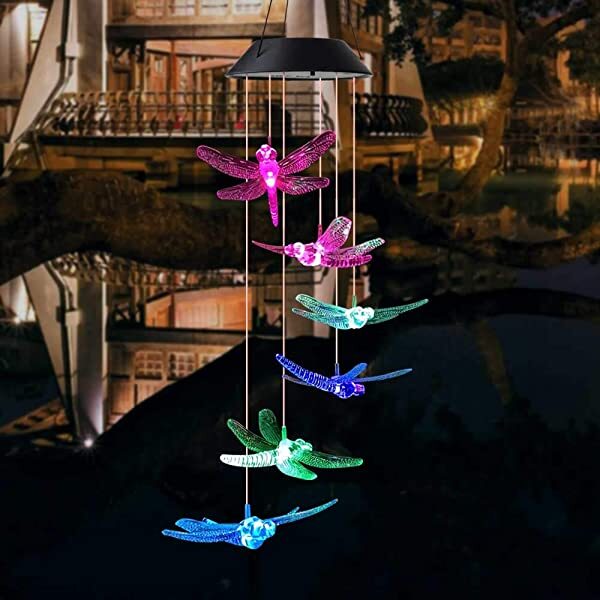 AZIMOM Premium LED Wind Chimes Light Up Wind Chimes Solar Dragonfly Wind Chimes for Decorating Courtyard, Garden, Patio, Backyard