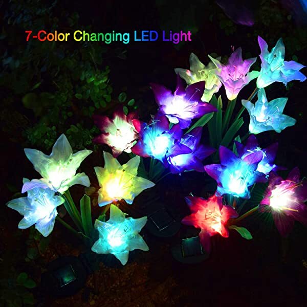 AZIMOM 7 Color Changing  Lily Solar Lights Solar Lily Flower Lights Lily Solar Garden Stake Lights 4-Pack for Garden Patio Yard Pathway Decoration