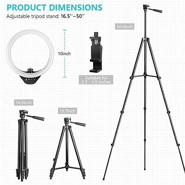 Dimensions for AZIMOM 10 Inch 26cm Ring Light with Tripod Stand & Phone Holder