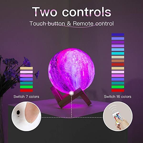 AZIMOM 3D Galaxy Moon Lamp 3D Printed Moon Lamp 16 Colors with Wood Stand Remote & Touch Control USB Rechargeable Gift for Children