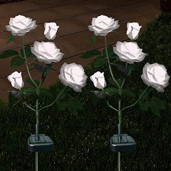 AZIMOM White 2-Pack Solar Rose Lights Solar Powered Roses Solar Rose Flower Garden Lights for Yard Patio Pathway Lighting