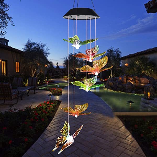 AZIMOM Solar Powered Butterfly Wind Chimes Butterfly Solar Wind Chimes Hanging Solar Wind Chimes for Home Garden Decoration