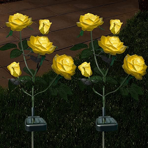 AZIMOM Yellow 2-Pack Solar Rose Lights Solar Powered Roses Solar Rose Flower Garden Lights for Yard Patio Pathway Lighting
