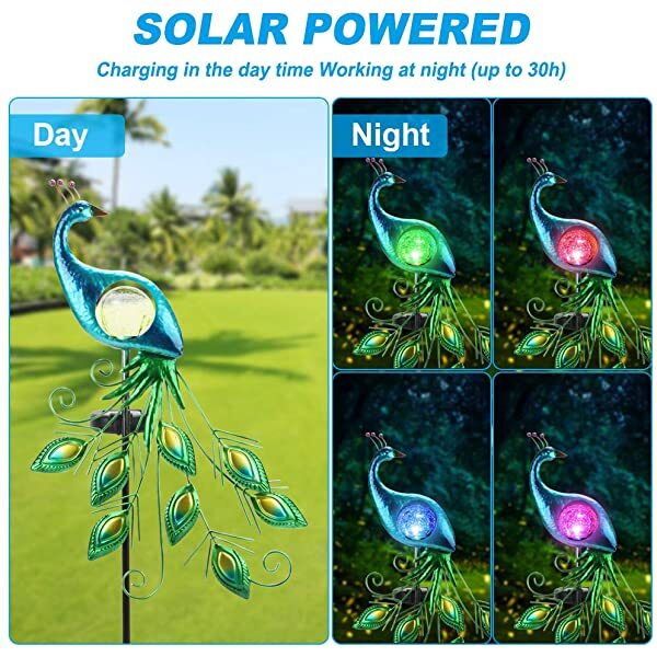 AZIMOM Crystal Lampshade Solar Peacock Lights Solar Powered Peacock Stake Light for Garden Patio Yard Decorations in Night & Day
