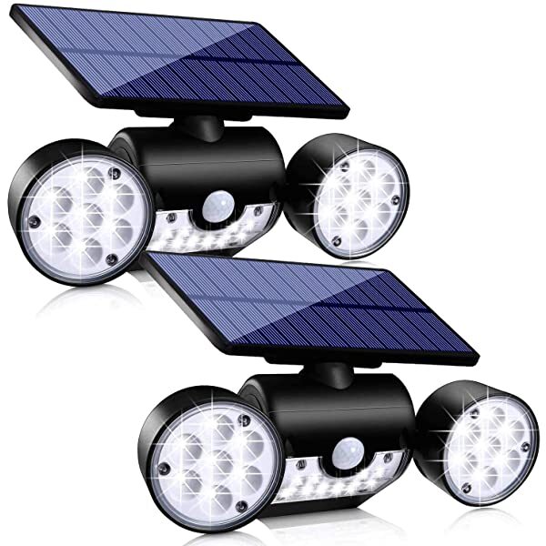 AZIMOM Solar LED Security Light Outdoor Solar Security Lights Dusk to Dawn Cool White 6500K 3pcs Adjustable Heads Waterproof IP65 270° Wide Illumination 2-Pack