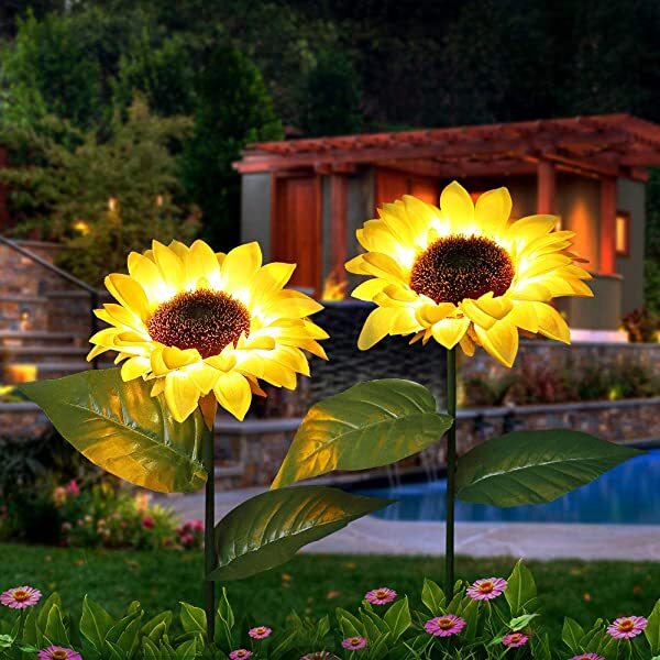 AZIMOM Solar Sunflower Light Solar Powered Sunflower Garden Light for Patio, Porch, Backyard 2-Packs
