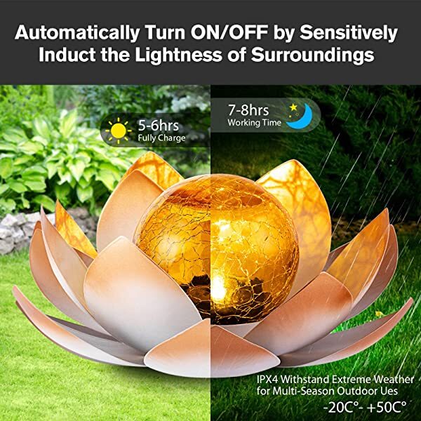 AZIMOM Orange Lotus Solar Light Solar Powered Lotus Flower for Tabletop, Ground, Patio, Lawn, Courtyard Decoration in Day & Night