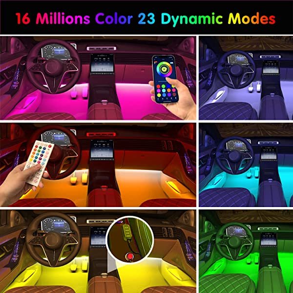 RGB Color Changing for SANLI LED Car Ambient Lighting with App Control, Smart Interior Car Ambient Lighting with DIY Mode and Music Mode, RGB Car Ambient Lighting with 2 Lines Design 