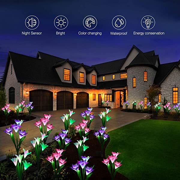 AZIMOM Lily Solar Lights Solar Lily Flower Lights Lily Solar Garden Stake Lights 4-Pack for Garden Patio Yard Pathway Decoration Application