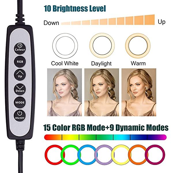 Dimmable for AZIMOM RGB Ring Light Multi Color 10 Inch 26cm with Tripod Stand & Phone Holder 