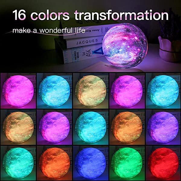 AZIMOM 3D Galaxy Moon Lamp 3D Printed Moon Lamp 16 Colors with Wood Stand Remote & Touch Control USB Rechargeable Gift for Children